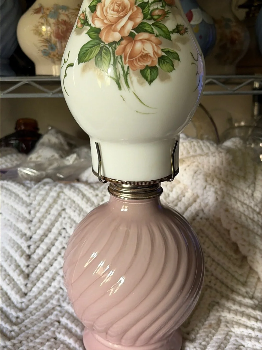 Vintage Pink Kadaan Oil Lamp with Milk Glass Chimney